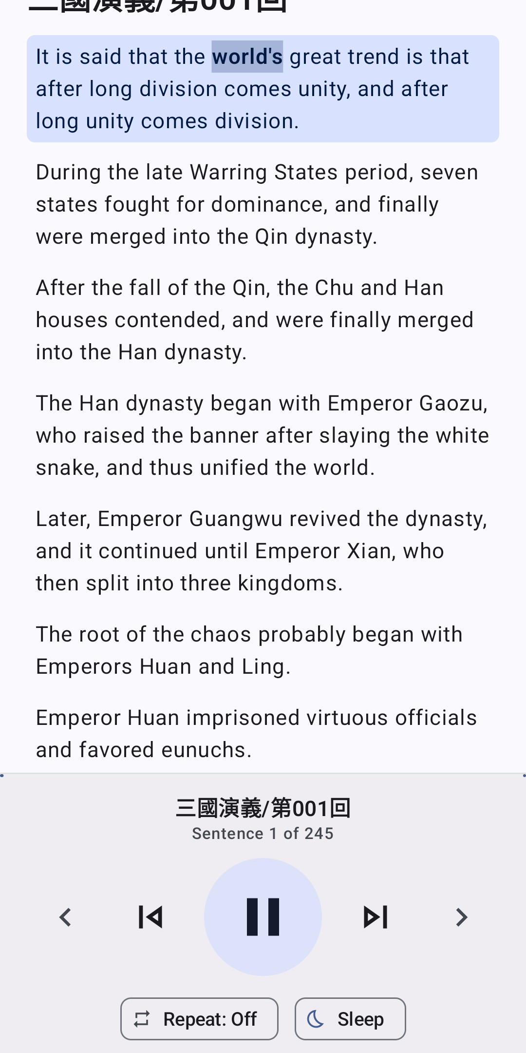 Playback bar reading a translated sentence aloud with the active sentence highlighted